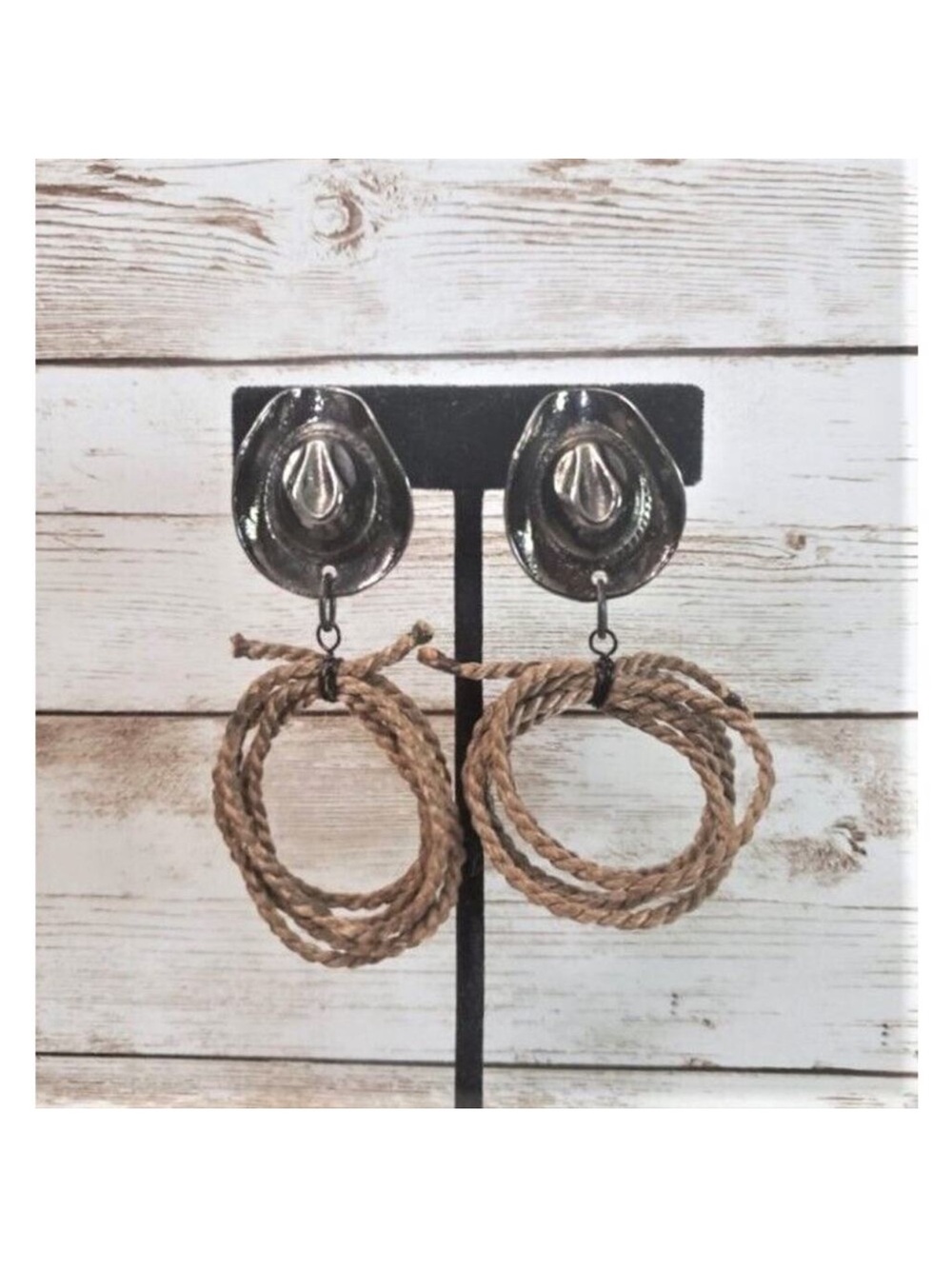 Vintage Braided Tan Rope Hoop Clip On Earrings with Silver-Tone Hat Studs